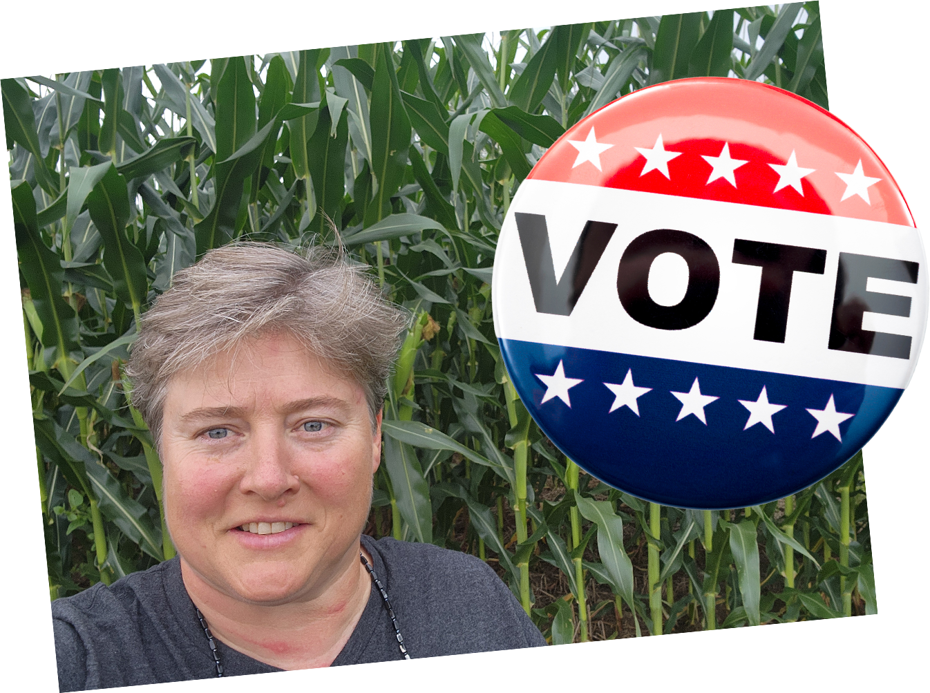 Barb Bittner smiling in a field of cornstalks